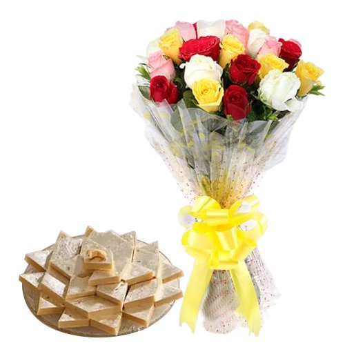Special 1 Kg. Kaju Barfi Sweets and Bouquet of 2 Dozen Mixed Roses Special 1 Kg. Kaju Barfi Sweets and Bouquet of 2 Dozen Mixed Roses