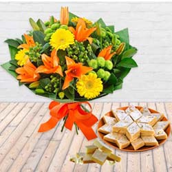 Charming Seasonal Flowers Bouquet and Kaju Barfi with Sweetness Charming Seasonal Flowers Bouquet and Kaju Barfi with Sweetness