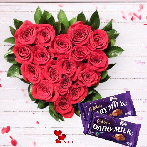 V-Day Gift of Heart Shape Rose Arrangement with Dairy Milk V-Day Gift of Heart Shape Rose Arrangement with Dairy Milk