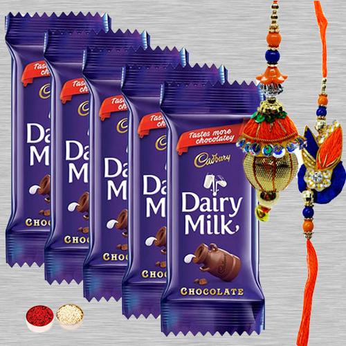 5 Cadbury Dairy Milk Chocolates (13gm bar) with 1 Bhaiya Bhabhi Rakhi 5 Cadbury Dairy Milk Chocolates (13gm bar) with 1 Bhaiya Bhabhi Rakhi