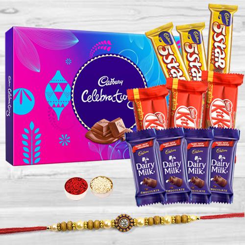 Cadbury Celebration Pack with 1 Rakhi, Assorted Chocolates (4pcs Cadbury Dairy Milk (13gm), 3 pcs Nestle KitKat, 3pcs Cadbury Five Star) and a Free Rakhi Card Cadbury Celebration Pack with 1 Rakhi, Assorted Chocolates (4pcs Cadbury Dairy Milk (13gm), 3 pcs Nestle KitKat, 3pcs Cadbury Five Star) and a Free Rakhi Card