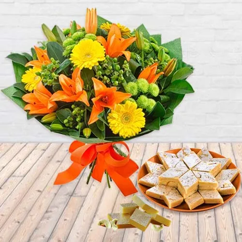 Gift of Seasonal Flowers and Kaju Barfi