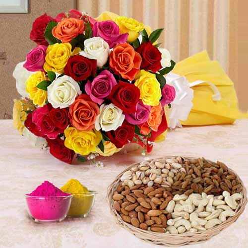 Adorable 2 dozen multicolored Roses with assorted Dry Fruits Adorable 2 dozen multicolored Roses with assorted Dry Fruits