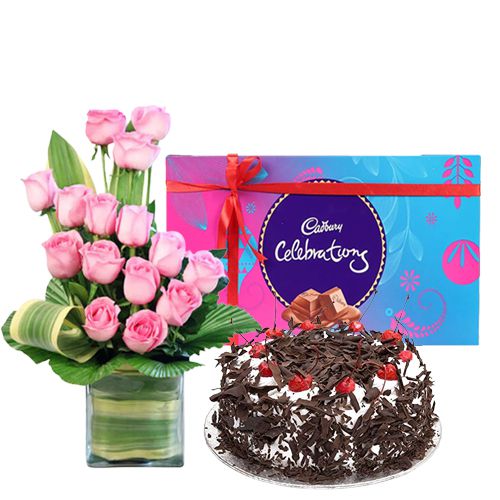 Perfect Combo of Cake, Pink Rose Arrangement with Cadbury Celebration Perfect Combo of Cake, Pink Rose Arrangement with Cadbury Celebration