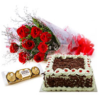 Fresh Red Rose Bouquet with Ferrero Roacher Chocolate and Delicious Cake Fresh Red Rose Bouquet with Ferrero Roacher Chocolate and Delicious Cake
