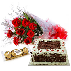 Amazing Combo of Red Rose Bouquet, Ferrero Roacher and Cake Amazing Combo of Red Rose Bouquet, Ferrero Roacher and Cake