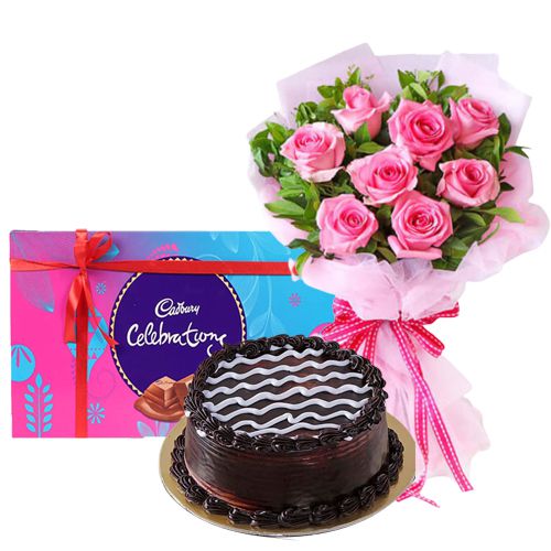 Sweetest of all Arrangement of Pink Roses, Cake and Cadbury Celebration Sweetest of all Arrangement of Pink Roses, Cake and Cadbury Celebration