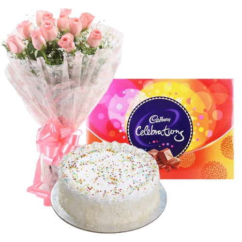 Beautiful Arrangement of Pink Rose, Cadbury Celebration and Cake Beautiful Arrangement of Pink Rose, Cadbury Celebration and Cake