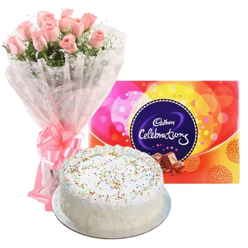 Sending Pink Rose Bouquet, Cadbury Celebration and Cake