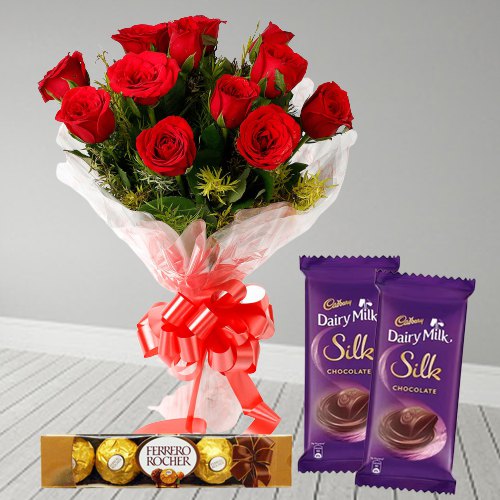 Sweetness of Trio Dairy Milk Silk, Ferrero Roacher, and Red Rose Bouquet Sweetness of Trio Dairy Milk Silk, Ferrero Roacher, and Red Rose Bouquet