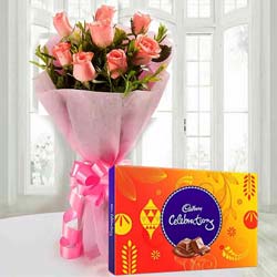 Romantic Combo of Pink Roses Bouquet and Cadbury Celebration Romantic Combo of Pink Roses Bouquet and Cadbury Celebration