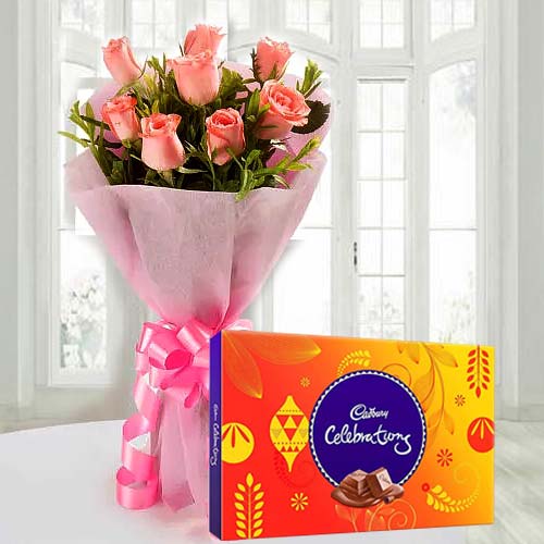 Romantic Combo of Pink Roses Bouquet and Cadbury Celebration Romantic Combo of Pink Roses Bouquet and Cadbury Celebration