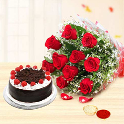 Charming Red Roses along with delicious Black Forest Cake with free Roli Tilak and Chawal Charming Red Roses along with delicious Black Forest Cake with free Roli Tilak and Chawal