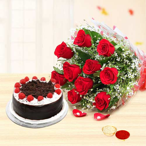 Charming Red Roses along with delicious Black Forest Cake with free Roli Tilak and Chawal Charming Red Roses along with delicious Black Forest Cake with free Roli Tilak and Chawal