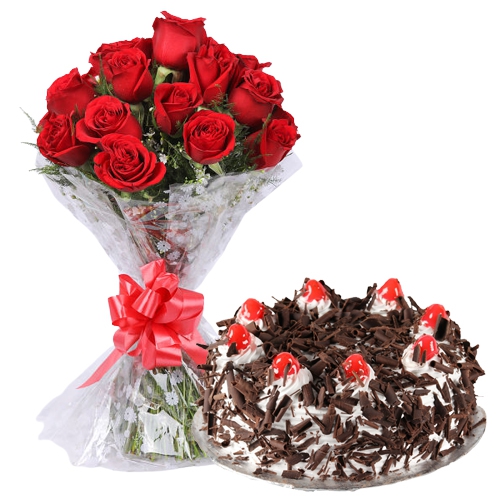 V-Day Surprise Red Roses Bouquet N Black Forest Cake V-Day Surprise Red Roses Bouquet N Black Forest Cake