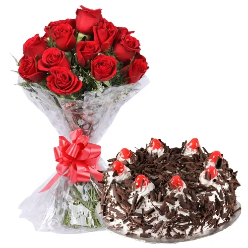 V-Day Surprise Red Roses Bouquet N Black Forest Cake