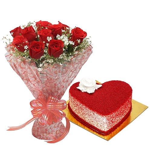 Combo of Heart Shape Red Velvet Cake with Red Rose Bouquet
