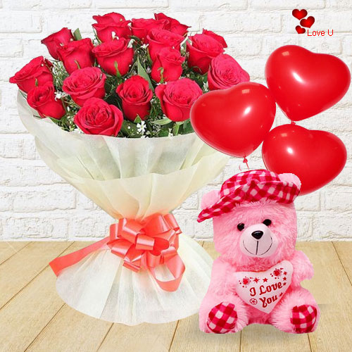 Cuddly Teddy with Red Rose Bouquet and Balloons Cuddly Teddy with Red Rose Bouquet and Balloons
