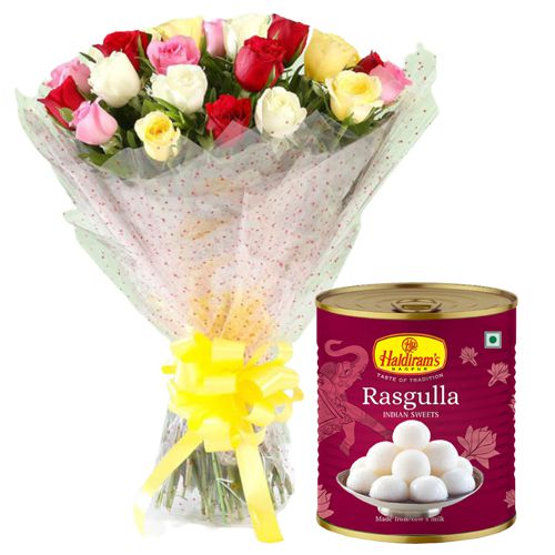 Deliver Online Combo of Mixed Roses with Haldiram Rasgulla Deliver Online Combo of Mixed Roses with Haldiram Rasgulla