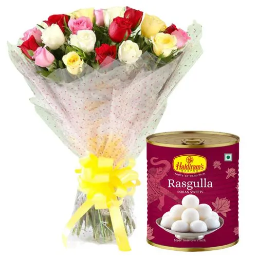 Send Mixed Roses with Haldirams Rasgulla