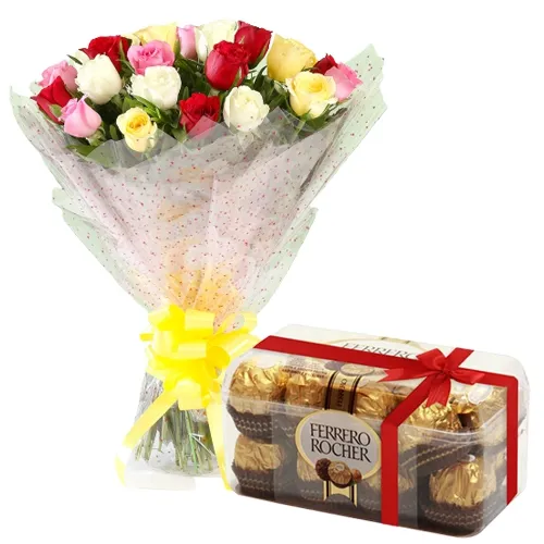 Combo of Mixed Roses Bouquet with Ferrero Rocher