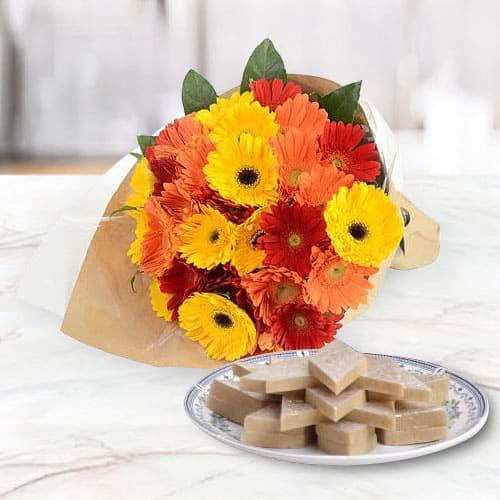 Fresh-Cut Mixed Gerbera Arrangement with Cut-Out Kaju Katli Fresh-Cut Mixed Gerbera Arrangement with Cut-Out Kaju Katli