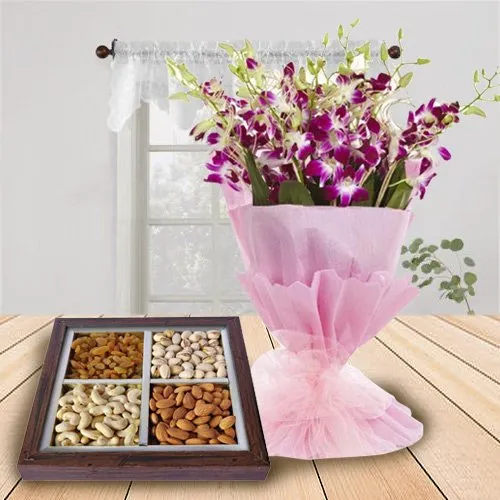 Shop for Combo of Dry Fruits Tray with Orchids Bouquet