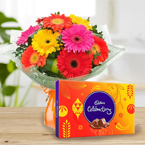 Mouth-Watering Cadbury Celebration with Blushing Mixed Gerbera Bouquet Mouth-Watering Cadbury Celebration with Blushing Mixed Gerbera Bouquet