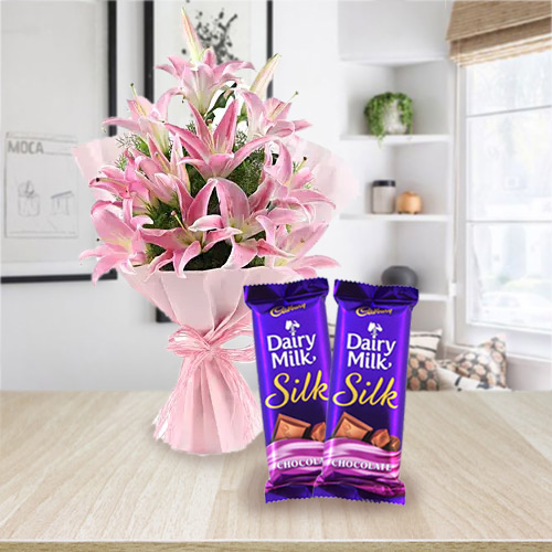 Send Dairy Milk Silk and Pink Lilies Bouquet Online Send Dairy Milk Silk and Pink Lilies Bouquet Online