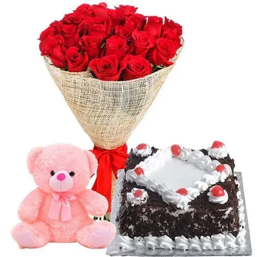 Deliver Red Roses Bouquet with Black Forest Cake N Teddy