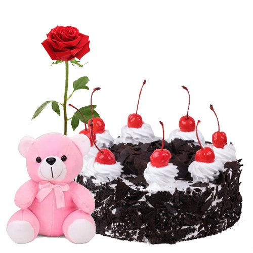 Birthday Favorite Black Forest Cake with Fragrant Rose N Cute Teddy Birthday Favorite Black Forest Cake with Fragrant Rose N Cute Teddy
