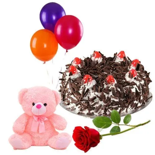 Send Black Forest Cake with Red Rose, Teddy N Balloons