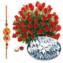 Red Roses and Kaju Katli with Free Rakhi, Roli Tika, Chawal Red Roses and Kaju Katli with Free Rakhi, Roli Tika, Chawal