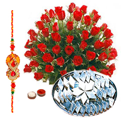 Red Roses and Kaju Katli with Free Rakhi, Roli Tika, Chawal Red Roses and Kaju Katli with Free Rakhi, Roli Tika, Chawal
