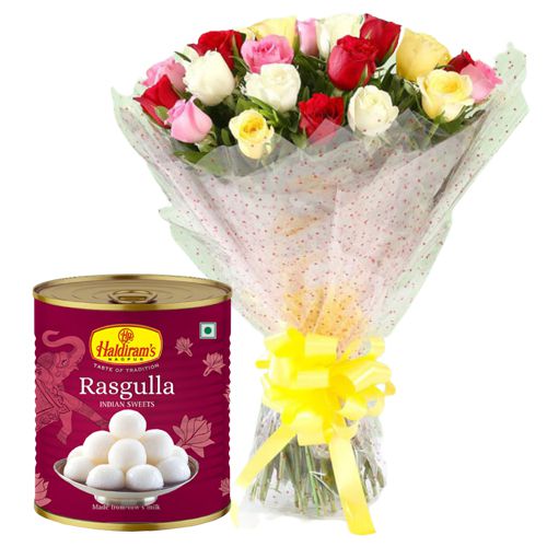 Dazzling Combo of Mixed Roses and Haldiram Rasgulla Dazzling Combo of Mixed Roses and Haldiram Rasgulla