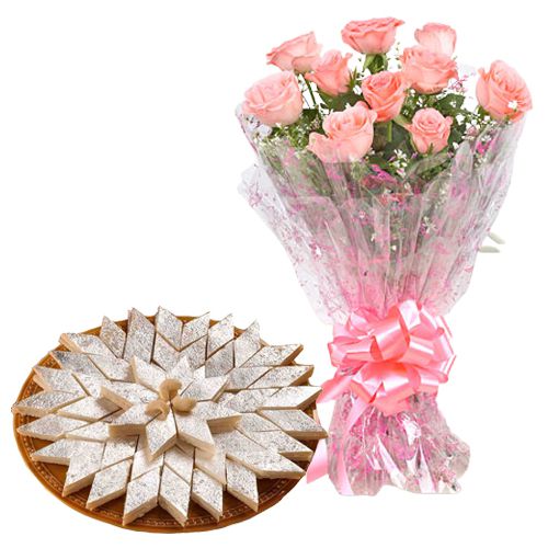 Lovely Pink Roses with Cut-out Kaju Katli Lovely Pink Roses with Cut-out Kaju Katli