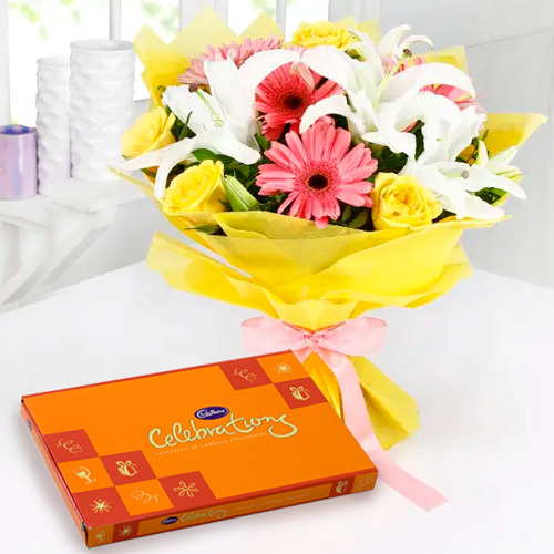 Order Online Cadbury Celebration Chocolate with Mixed Flower Bouquet Order Online Cadbury Celebration Chocolate with Mixed Flower Bouquet