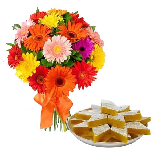 Fresh-Cut Mixed Gerbera Arrangement with Cut-Out Kaju Katli Fresh-Cut Mixed Gerbera Arrangement with Cut-Out Kaju Katli