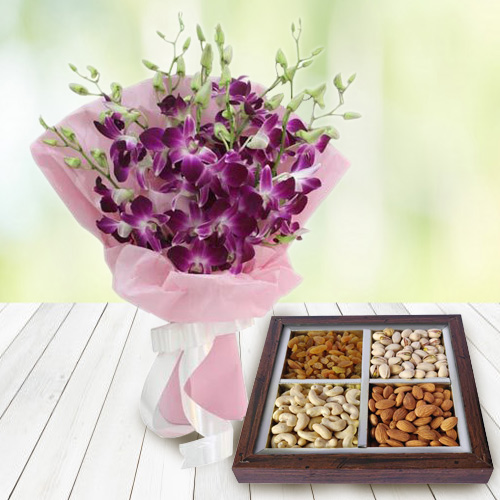 Anniversary Style Orchids Bouquet with Healthy Dry Fruits Anniversary Style Orchids Bouquet with Healthy Dry Fruits