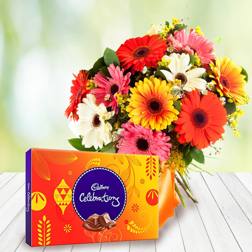Mouth-Watering Cadbury Celebration with Blushing Mixed Gerbera Bouquet Mouth-Watering Cadbury Celebration with Blushing Mixed Gerbera Bouquet