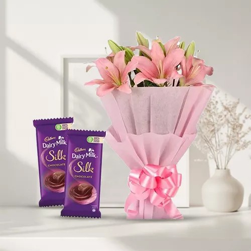Deliver Combo of Pink Lilies Bouquet and Dairy Milk Silk Online Deliver Combo of Pink Lilies Bouquet and Dairy Milk Silk Online
