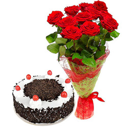 Delicious Black Forest Cake with Elegant Red Rose Bouquet Delicious Black Forest Cake with Elegant Red Rose Bouquet