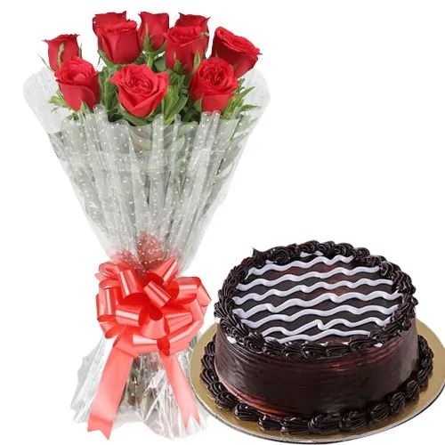 Send Chocolate Cake N Red Roses Bouquet