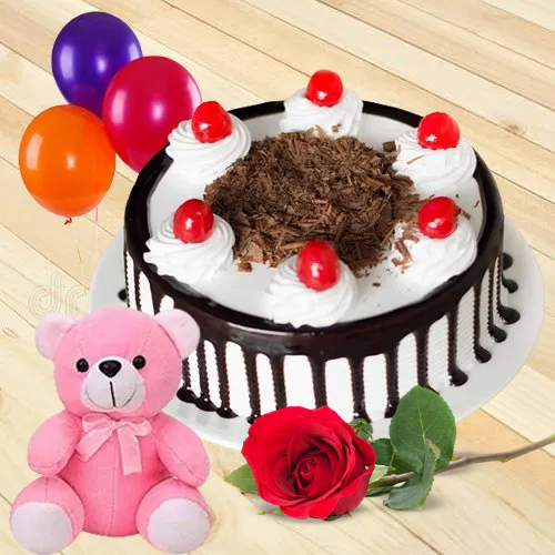 Blooming Gift of Single Rose with Black Forest Cake, Teddy and Balloons Blooming Gift of Single Rose with Black Forest Cake, Teddy and Balloons