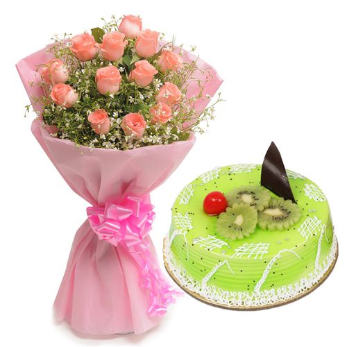 Yummy Kiwi Cake with Red Roses Bouquet Yummy Kiwi Cake with Red Roses Bouquet