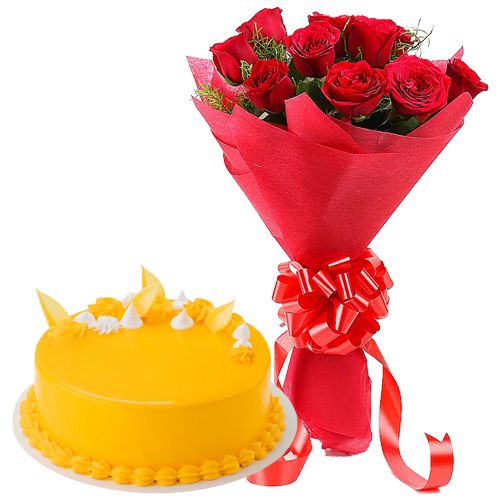 Online Combo Gift of Red Roses Bouquet N Mango Flavour Cake Online Online Combo Gift of Red Roses Bouquet N Mango Flavour Cake Online