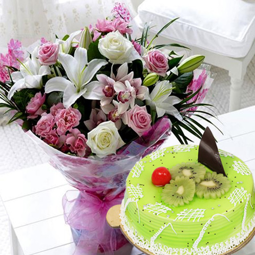 Deliver Online Mixed Flowers Bouquet with Kiwi Cake Deliver Online Mixed Flowers Bouquet with Kiwi Cake