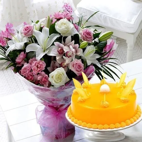 Mixed Flowers Bouquet with 1 kg Mango Cake