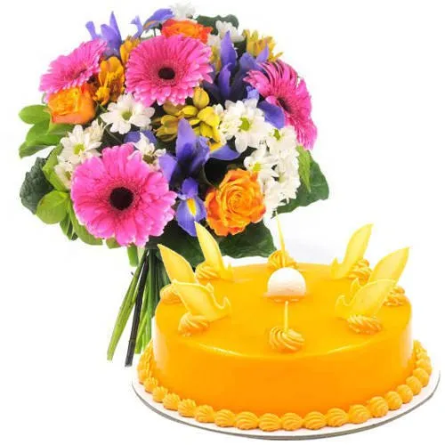 Delicious Mango Cake with Mixed Flowers Bouquet