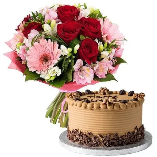 Online Coffee Cake with Mixed Flowers Bouquet